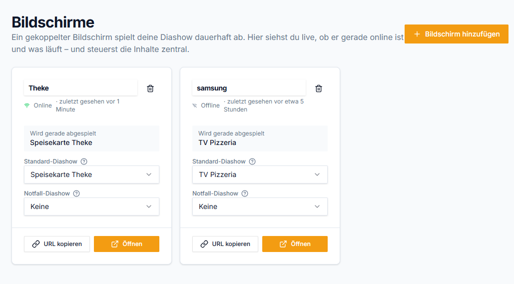 Bildschirme-Übersicht im Dashboard – Live-Status der verbundenen Screens mit Online/Offline-Anzeige
