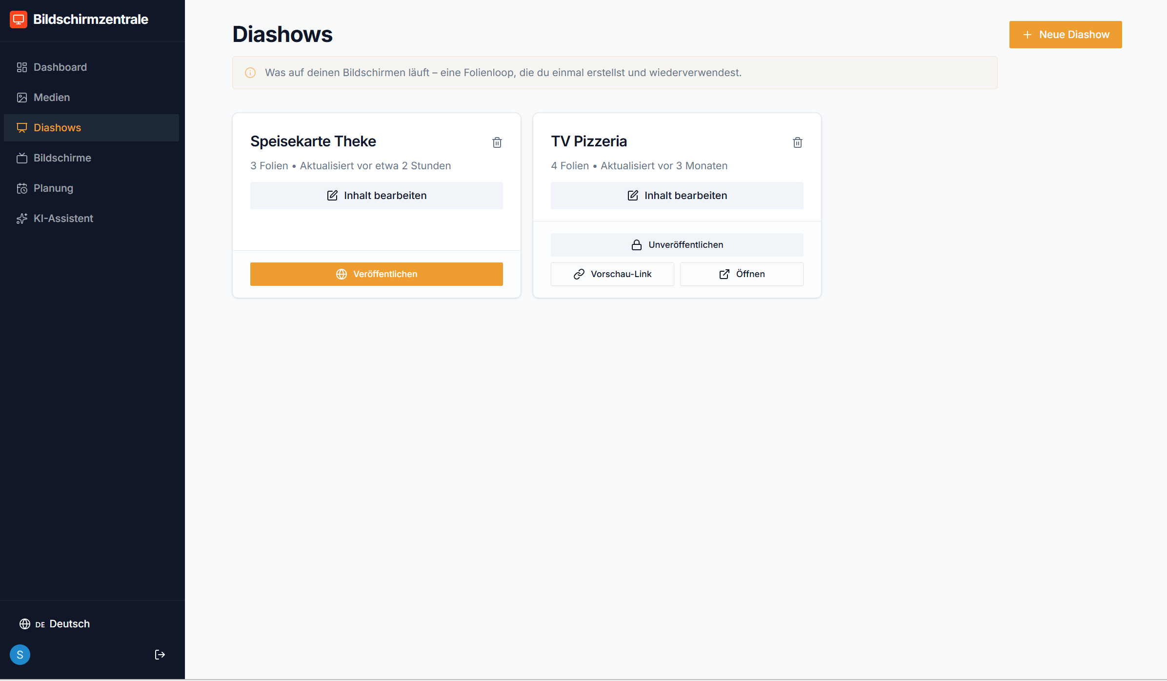Diashow-Übersicht im Dashboard – Liste aller angelegten Diashows mit Status und zugewiesenen Bildschirmen
