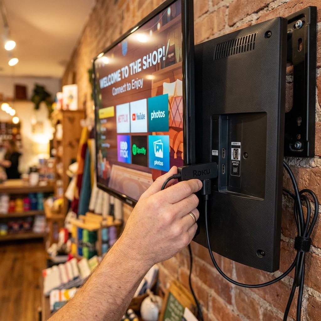 Hand steckt Fire TV Stick in HDMI-Anschluss eines Fernsehers – Einrichtung als Werbebildschirm