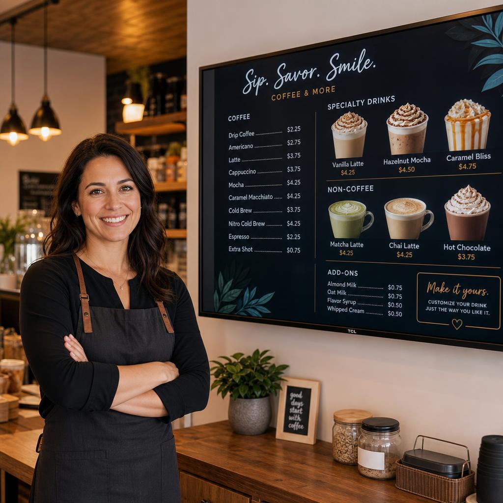Café-Betreiberin am digitalen Menüboard – Bildschirmzentrale