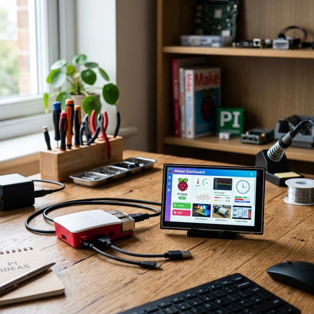 Raspberry Pi 4 neben Monitor auf Schreibtisch – Vorbereitung als Werbebildschirm im Kiosk-Modus